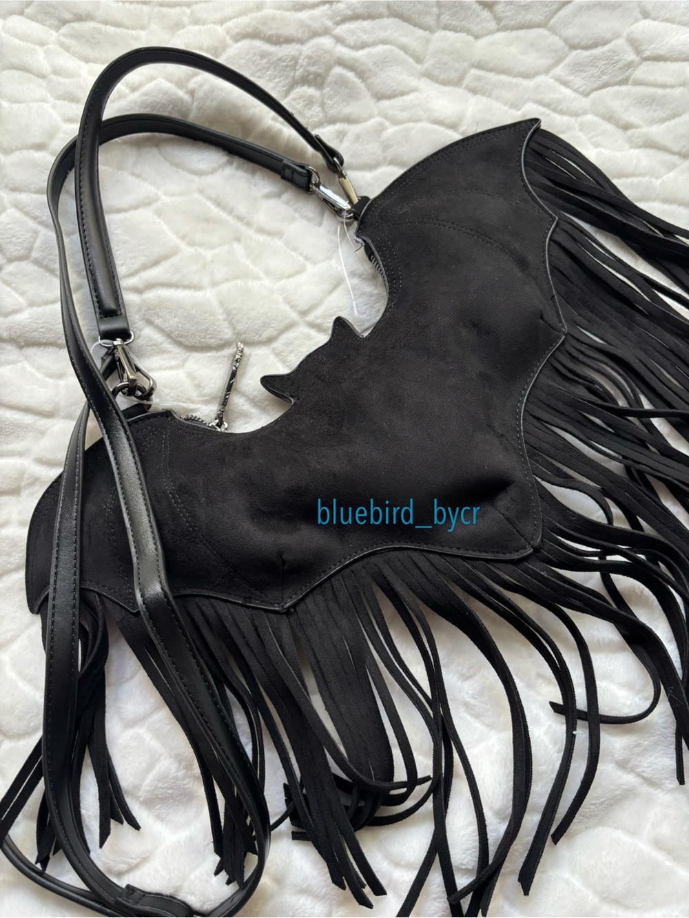 Betsey Johnson Black Bat-Shaped Crossbody Bag with Fringe - Picture 12 of 13